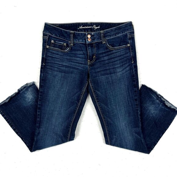 American Eagle Jeans Womens SZ12 Long DK blue Low Rise Bootcut Distressed 33x37 - Picture 1 of 9